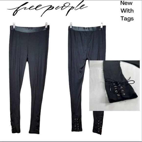 FREE PEOPLE Small Black Leggings NWT New Movement Lace Up Ankle Joggers Leggings - Picture 1 of 9